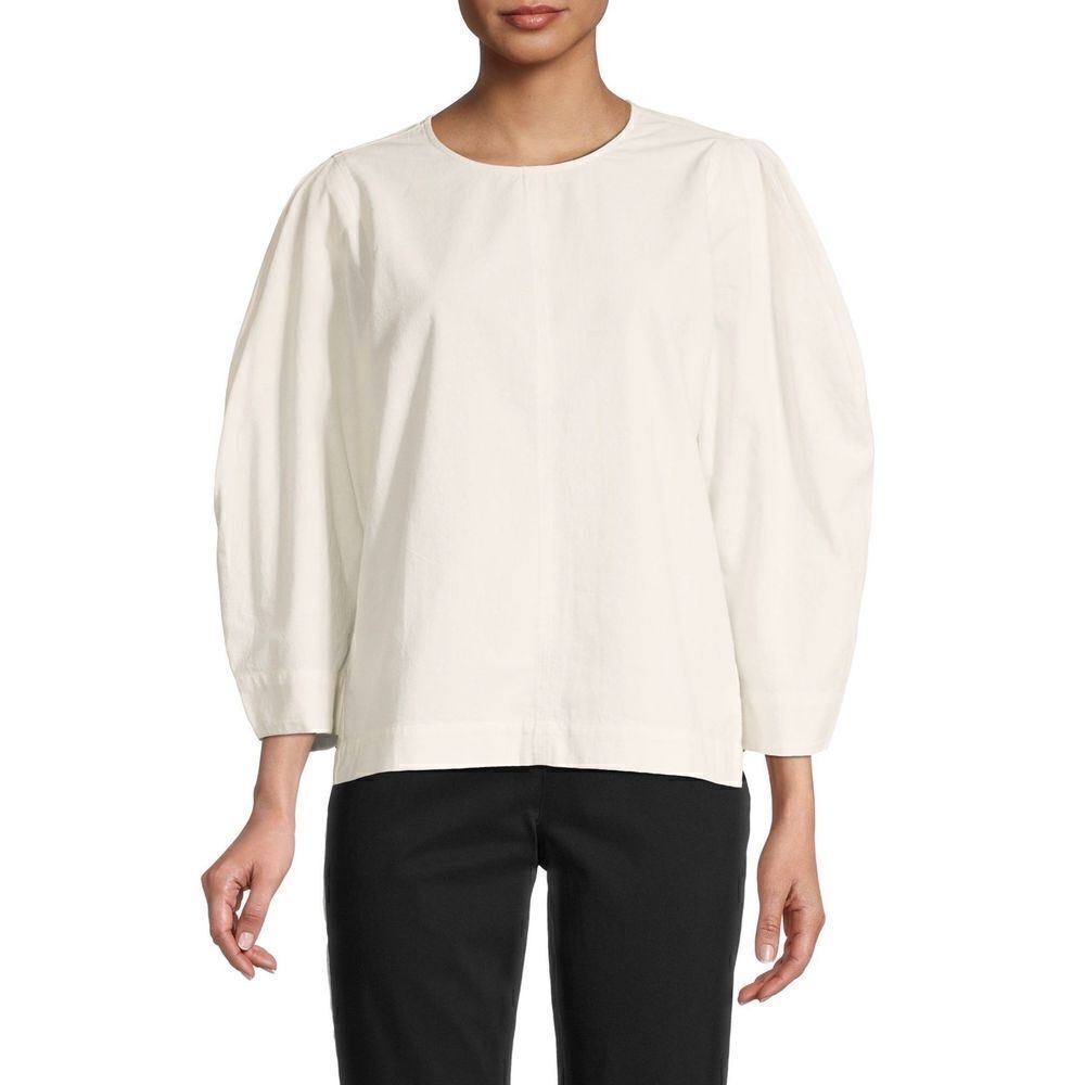 Madewell Cotton Crepe White Puff-Sleeve Seamed Top Size Small